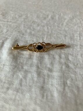 Gold-Tone Bar Brooch- Black Stone Accent